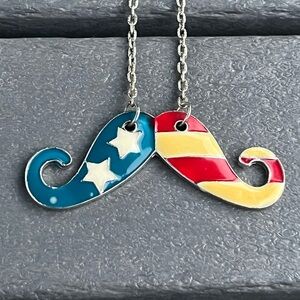 Patriotic; American Flag; Enamel Mustache Shaped Pendant Necklace; 17.5in